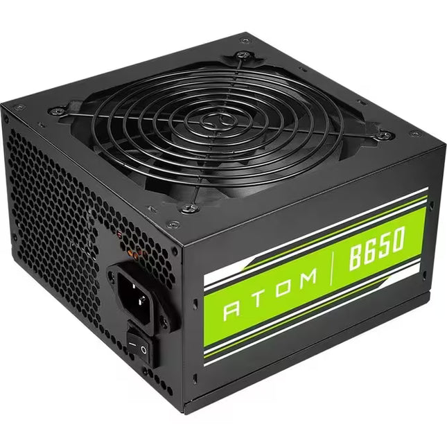 A black computer power supply unit with a prominent lime green front label reading 'ATOM | B650' in white text, shown on a plain white background.