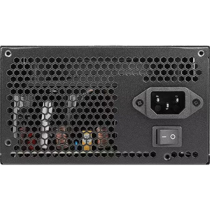 The rear view of a black computer power supply unit (PSU) featuring a honeycomb vented metal grille, a three-pin IEC power input socket, and a single-pole switch on a white background.