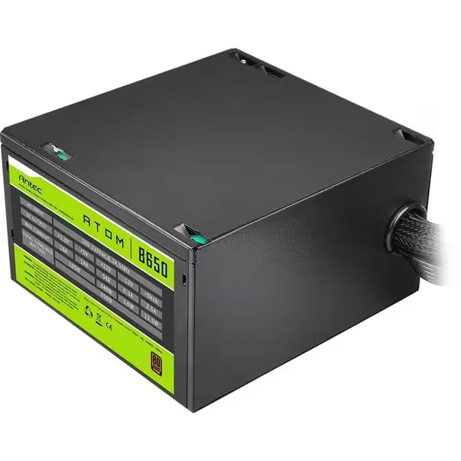 A black ATX3.0 866W power supply unit with a bright lime green label on the side, shown on a plain white background.