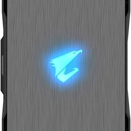 Computer case with blue lighting and logo on a black background