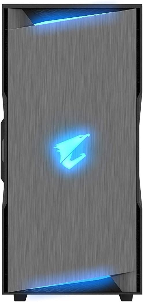 Computer case with blue lighting and logo on a black background