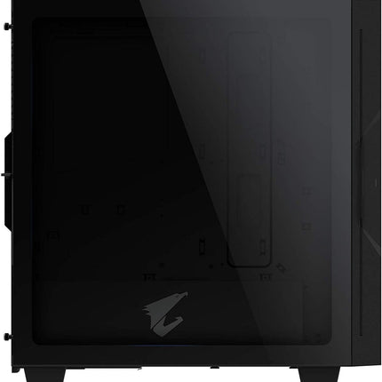 Black computer case with a clear side panel on a white background
