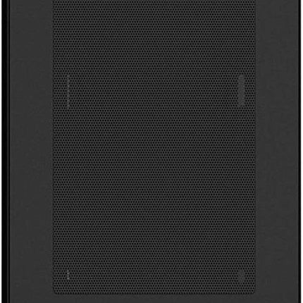 Black computer case with mesh side panel and front I/O ports.