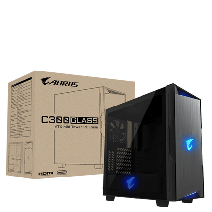 Computer case with blue lights next to its packaging box on a white background
