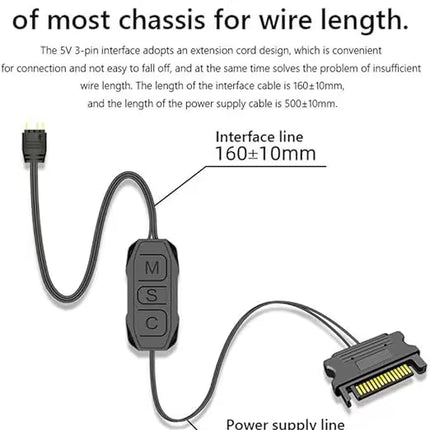ARGB Controller Cable Length Diagram – Diagram showing a 5V 3-pin ARGB mini controller with a 160±10 mm ARGB interface cable and a 500±10 mm SATA power cable, designed to provide convenient cable routing for most PC cases.