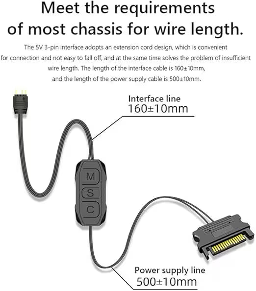 ARGB Controller Cable Length Diagram – Diagram showing a 5V 3-pin ARGB mini controller with a 160±10 mm ARGB interface cable and a 500±10 mm SATA power cable, designed to provide convenient cable routing for most PC cases.