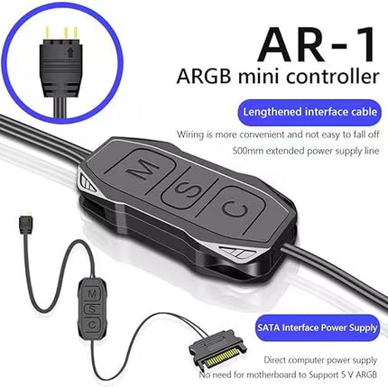 AR-1 ARGB Mini Controller – Promotional image of the AR-1 5V 3-pin ARGB mini controller with extended cable length, SATA power input, and onboard buttons for controlling ARGB lighting effects independently of the motherboard.