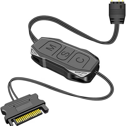 ARGB Mini Controller with SATA Power – Close-up of a black ARGB mini controller featuring three control buttons (M, S, and C), connected to a 5V 3-pin ARGB connector and a SATA power connector.