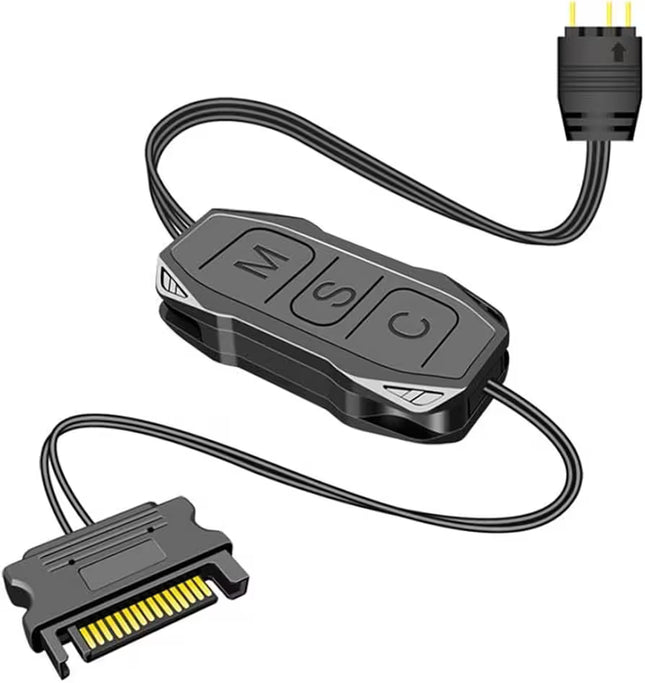 ARGB Mini Controller with SATA Power – Close-up of a black ARGB mini controller featuring three control buttons (M, S, and C), connected to a 5V 3-pin ARGB connector and a SATA power connector.