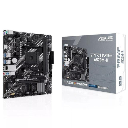 Asus Prime A520M-R motherboard and its packaging on a white background