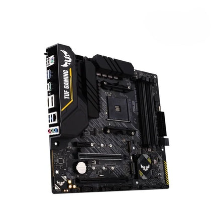 Computer motherboard with TUF Gaming logo on a white background