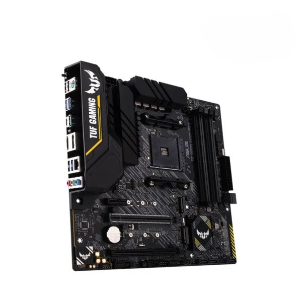 Computer motherboard with TUF Gaming logo on a white background