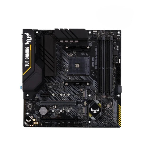 Computer motherboard with TUF Gaming logo on a white background