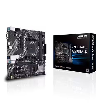ASUS Prime A520M-K motherboard shown next to its retail packaging box on a reflective white surface.