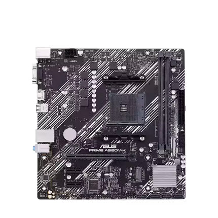 Top view of the ASUS PRIME A520M-K Micro-ATX motherboard featuring an AM4 CPU socket, dual DDR4 memory slots, PCIe x16 slot, chipset heatsink, and four SATA ports on a white background.