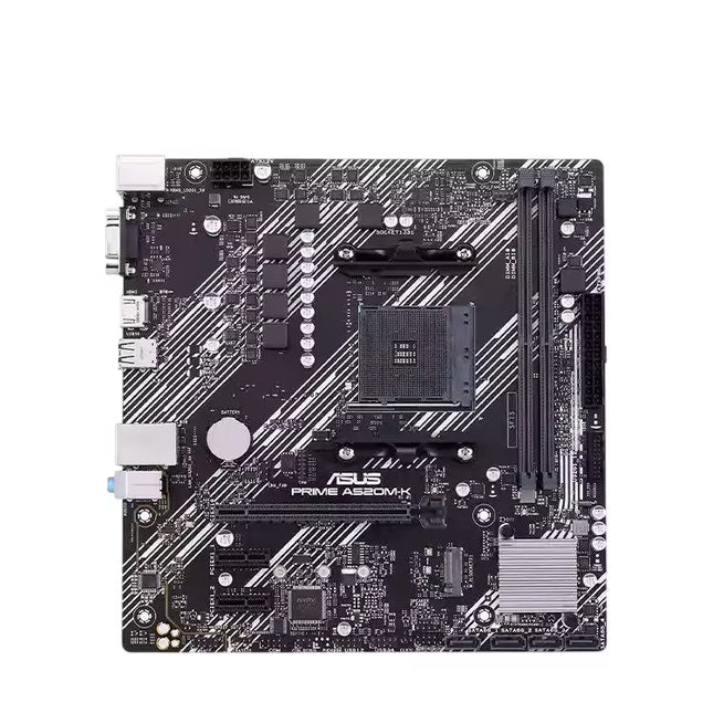Top view of the ASUS PRIME A520M-K Micro-ATX motherboard featuring an AM4 CPU socket, dual DDR4 memory slots, PCIe x16 slot, chipset heatsink, and four SATA ports on a white background.