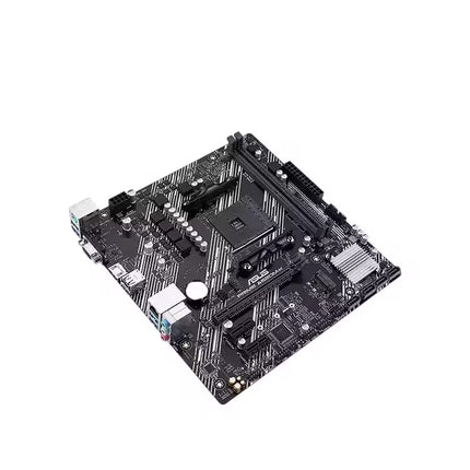Angled view of the ASUS PRIME A520M-K Micro-ATX motherboard showcasing the AM4 socket, dual DDR4 DIMM slots, PCIe expansion slots, rear I/O ports, and black PCB with white striped accents on a white background.
