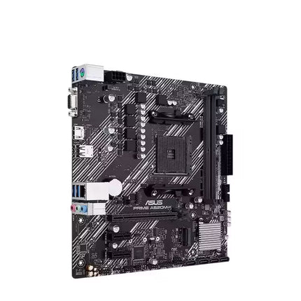 Front angled view of the ASUS PRIME A520M-K Micro-ATX motherboard highlighting the AM4 CPU socket, DDR4 memory slots, PCIe x16 slot, chipset heatsink, SATA connectors, and rear I/O ports on a white background.