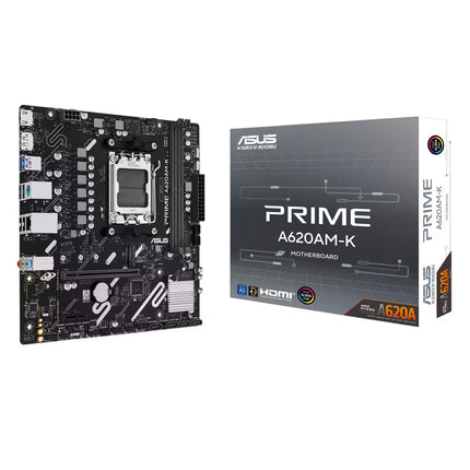 ASUS PRIME A620M-K micro-ATX motherboard displayed beside its retail box on a white background. The motherboard features the AMD AM5 socket, two DDR5 memory slots, one PCIe x16 slot, an M.2 slot with a silver heatsink, SATA ports, HDMI output, and rear I/O connectors. The black and gray retail packaging is labeled "PRIME A620M-K" and highlights support for the AMD A620 chipset, HDMI, PCIe 4.0, and Aura Sync lighting.