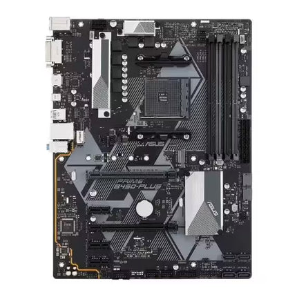 Front view of the ASUS PRIME B450-PLUS ATX AM4 motherboard featuring a black and silver design, four DDR4 memory slots, dual M.2 slots, multiple PCIe expansion slots, and large heatsinks for the VRM and chipset.