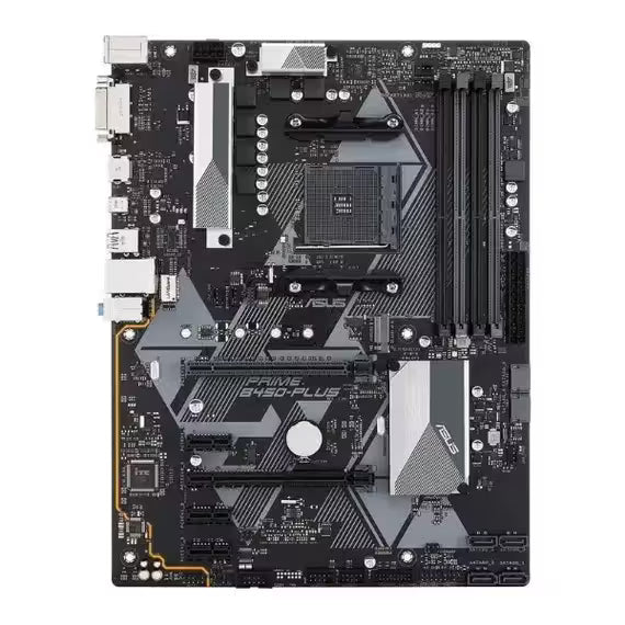 Front view of the ASUS PRIME B450-PLUS ATX AM4 motherboard featuring a black and silver design, four DDR4 memory slots, dual M.2 slots, multiple PCIe expansion slots, and large heatsinks for the VRM and chipset.