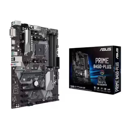 ASUS PRIME B450-PLUS ATX AM4 motherboard displayed alongside its retail box, highlighting the full motherboard layout and official ASUS PRIME series packaging.