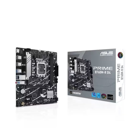 ASUS B760M-R D4 motherboard shown standing upright next to its retail packaging box on a clean white background.