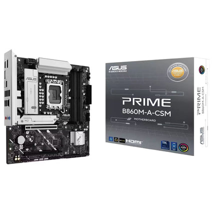 ASUS Prime B860M-A-CSM motherboard shown next to its retail packaging box on a plain white background.