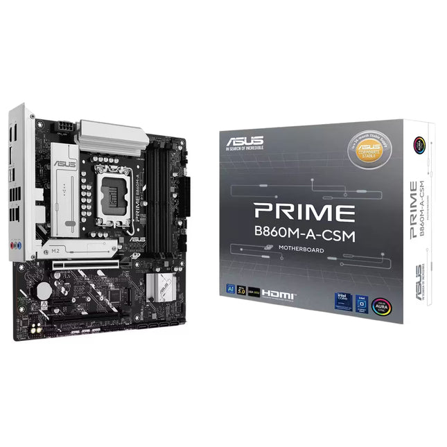 ASUS Prime B860M-A-CSM motherboard shown next to its retail packaging box on a plain white background.