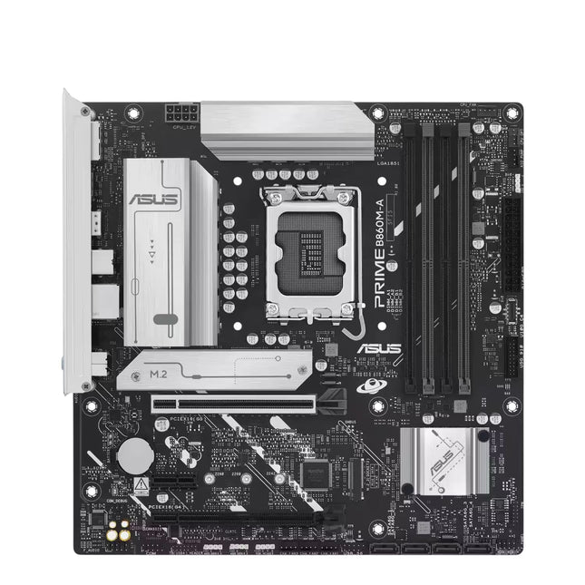 ASUS PRIME-R16900M-4 LGA 1700 desktop motherboard in a black and silver color scheme, shown from a top-down perspective on a white background.