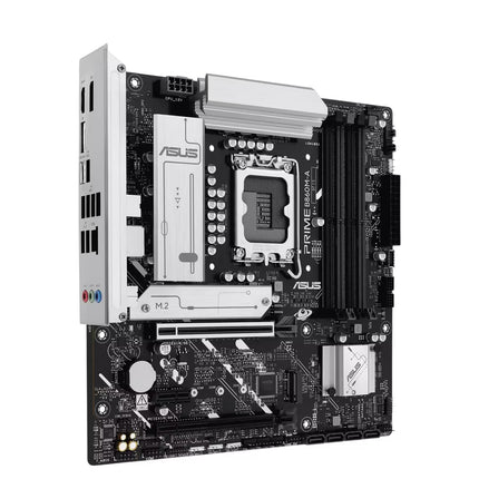 ASUS Prime H610-R motherboard with LGA 1700 socket, white heat sink on CPU cooler, black RAM slots, and silver I/O shield, shown on a white background.