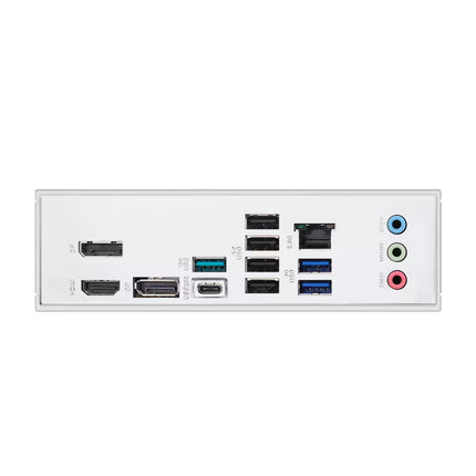 A white computer motherboard rear I/O panel showing various ports including USB 3.0, USB 2.