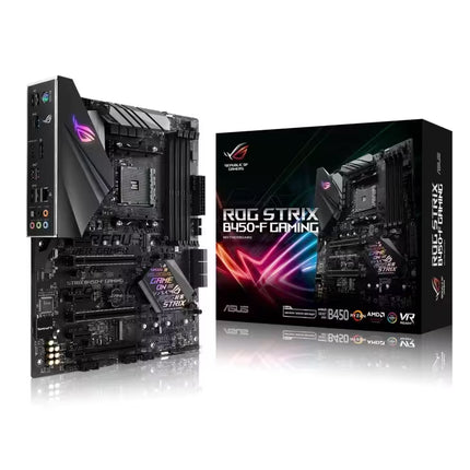 ASUS ROG Strix B450-F Gaming motherboard shown next to its retail packaging box on a reflective white background.