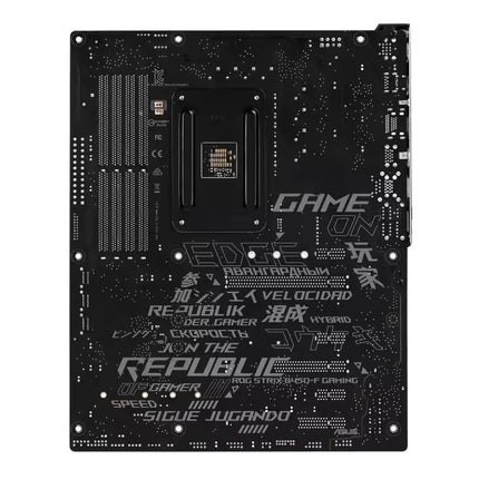 A black Republic Gaming B450-F AERO motherboard shown from the top side, featuring silver and white printed branding and technical specifications on a solid white background.