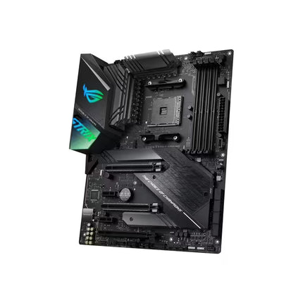 Computer motherboard with ROG logo on a white background