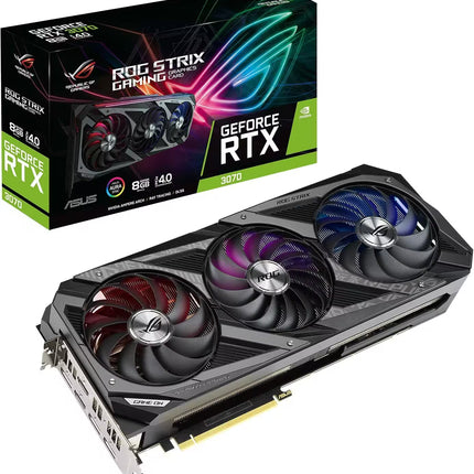 ASUS ROG Strix GeForce RTX 3070 8GB GDDR5 graphics card shown in front of its retail packaging box on a white background.