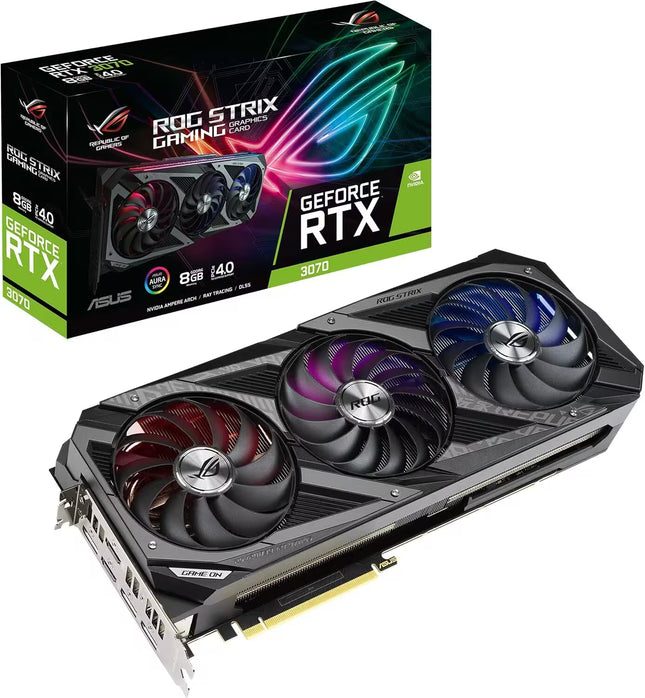 ASUS ROG Strix GeForce RTX 3070 8GB GDDR5 graphics card shown in front of its retail packaging box on a white background.