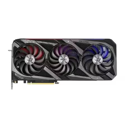 Asus ROG Strix RTX 3070 graphics card with a three-fan cooling shroud featuring RGB lighting in red, purple, and blue, shown on a plain white background.