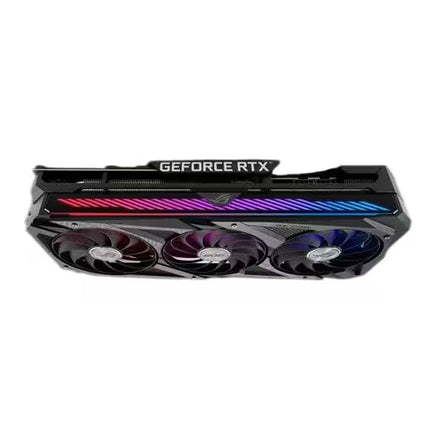A GeForce RTX graphics card with a black triple-fan cooling system and vibrant RGB lighting in red, pink, purple, and blue, shown on a plain white background.