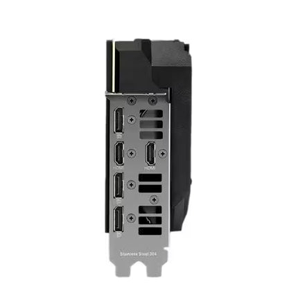 A close-up of the rear I/O panel of a graphics card, showing multiple HDMI ports, a display connector, and ventilation slots on a clean white background.