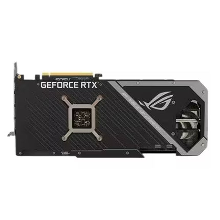 ROG GeForce RTX graphics card with a black and gray angular shroud, featuring the ROG logo and a gold PCIe connector on a plain white background.