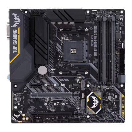 Front view of the ASUS TUF Gaming B450M-PRO Micro-ATX motherboard, featuring an AM4 CPU socket, four DDR4 memory slots, dual PCIe expansion slots, black heatsinks with yellow TUF Gaming accents, and a compact black PCB on a white background.