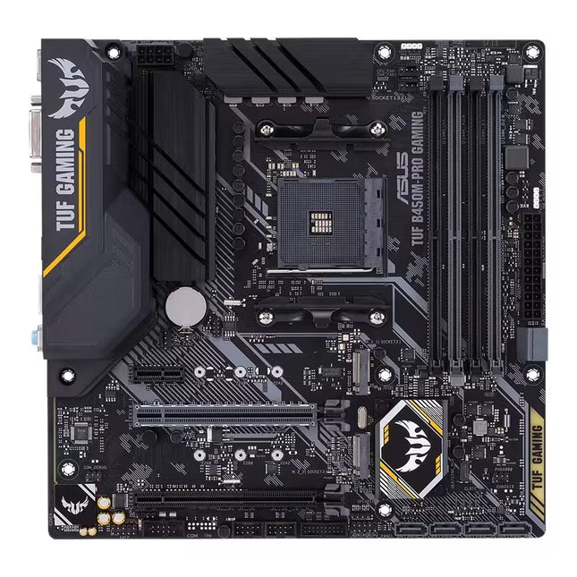 Front view of the ASUS TUF Gaming B450M-PRO Micro-ATX motherboard, featuring an AM4 CPU socket, four DDR4 memory slots, dual PCIe expansion slots, black heatsinks with yellow TUF Gaming accents, and a compact black PCB on a white background.