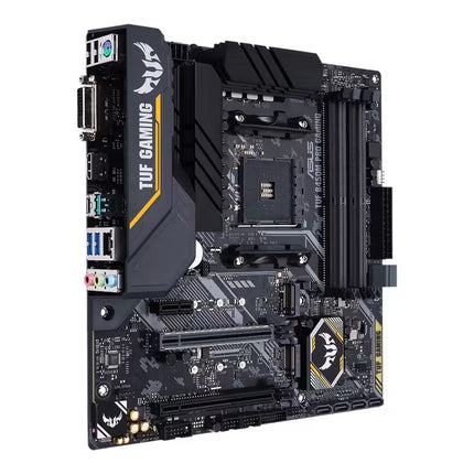 Angled front view of the ASUS TUF Gaming B450M-PRO motherboard, showcasing the AM4 socket, four DDR4 DIMM slots, PCIe expansion slots, reinforced heatsinks, and TUF Gaming branding with black and yellow accents.