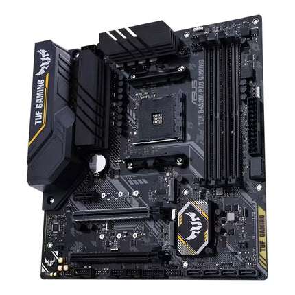 Three-quarter perspective of the ASUS TUF Gaming B450M-PRO Micro-ATX motherboard, highlighting the AM4 processor socket, DDR4 memory slots, PCIe slots, chipset heatsink, SATA ports, and durable TUF Gaming design.