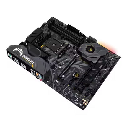 Computer motherboard with RGB lighting on a white background