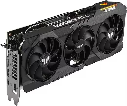 Asus GeForce RTX graphics card with three fans on a white background