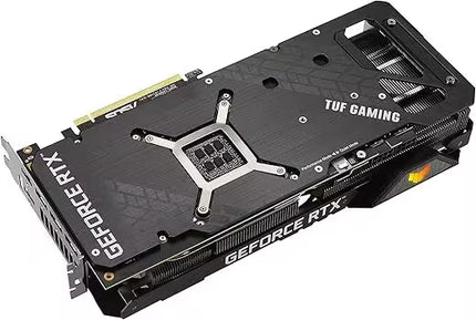 GeForce RTX graphics card with TUF Gaming branding on a white background