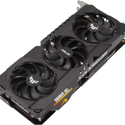 Gaming graphics card with three fans on a white background