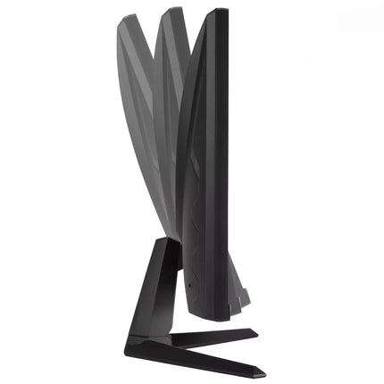 Black computer monitor with a unique stand design on a white background
